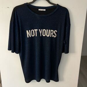 Zara “Not Yours” metallic sparkly blue and black top S​